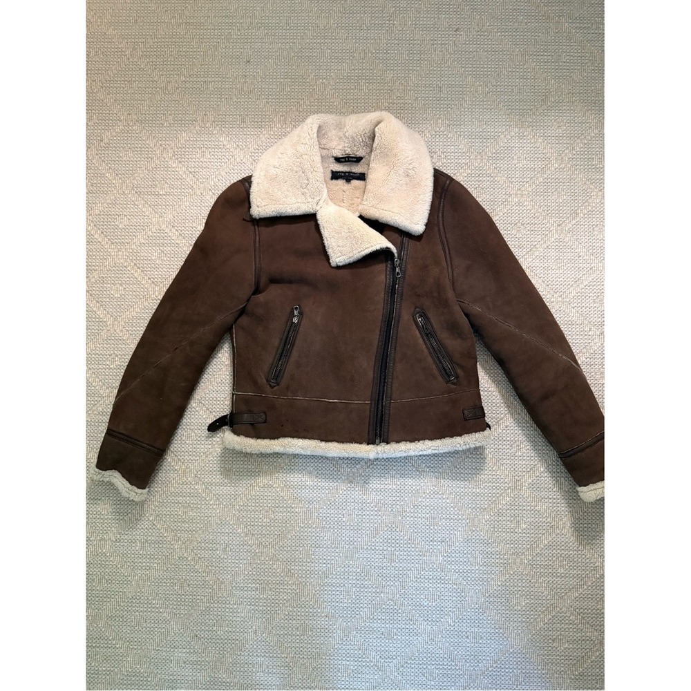 Rag & Bone Brown Shearling Lined Leather Aviator Jacket Cream Collar Size 4
